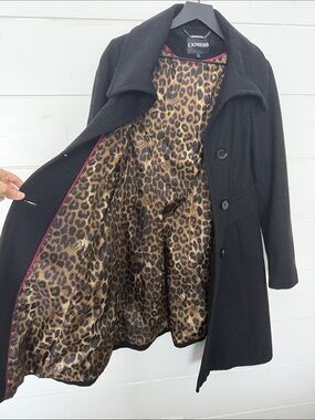 Express Black Pea Coat with Flared Silhouette and Leopard Lining